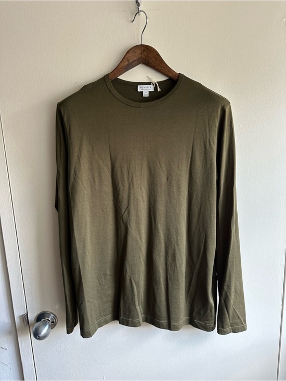 Sunspel England Olive Green Long-Sleeve Crewneck Shirt US M